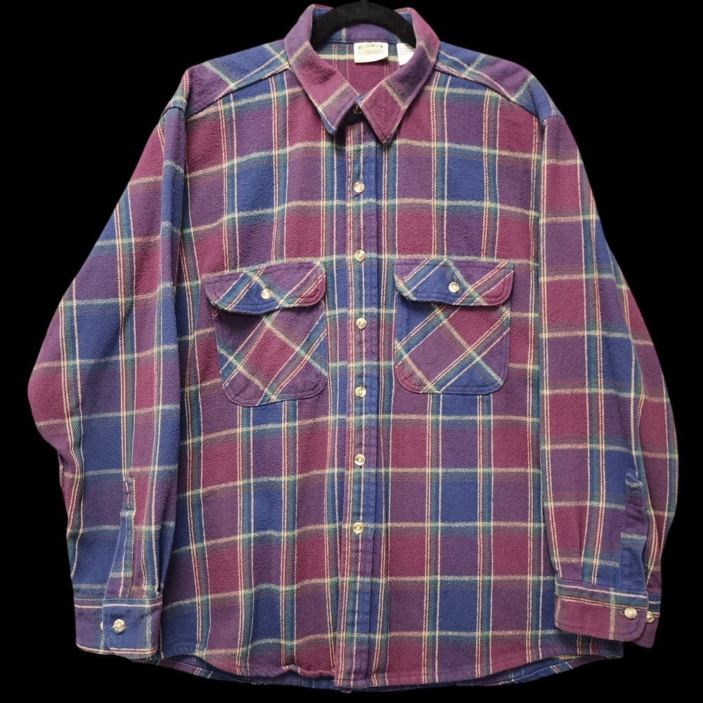 Vintage Five Brother Flannel Shirt Mens XL Maroon Blue Plaid Cotton Button Up‎